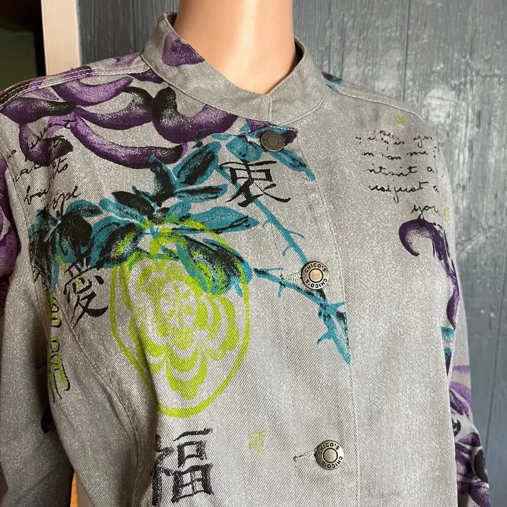 Chico’s Additions Artsy Floral Denim Jacket Mandarin Collar size 16-18 - Picture 2 of 4